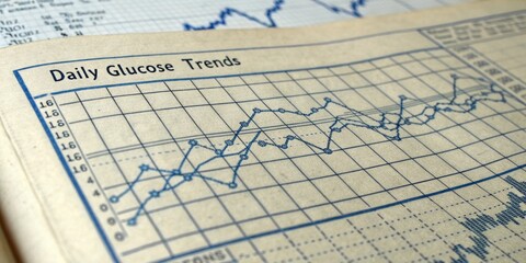 A closeup of an oldfashioned printed chart with blue lines crossing over a grid showing daily glucose trends