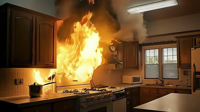 A dramatic kitchen fire with flames and smoke, highlighting a safety hazard.