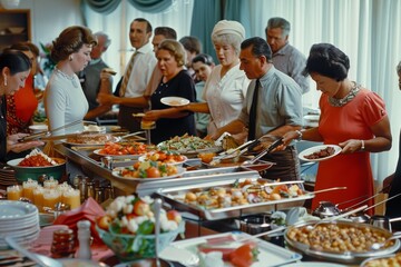 A vintage photograph showcasing a family reunion buffet spread in a spacious dining hall A buffet spread at a family reunion, with everyone serving themselves and catching up
