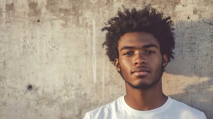 Fototapeta premium Young African American Man Posing Against a Textured Wall, Radiating Confidence and Style in a High-Quality Portrait with Natural Light Highlights