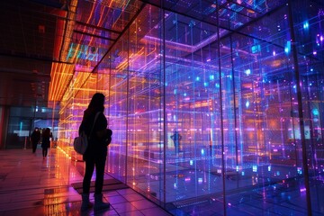 A woman stands in front of a building made of LED lights that pulsate with vibrant colors A building made entirely of pulsating LED lights