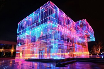 A futuristic building constructed entirely of glass panels, illuminated with vibrant, pulsating LED lights A building made entirely of pulsating LED lights