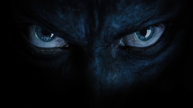 Blue eyes of a man monster in the darkness, close-up. Terrible eyes.