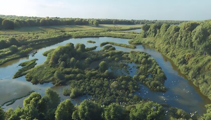 Naklejka premium The Peaceful Scenery of the Haff Rimech Nature Reserve Showcasing Wetlands and Diverse Wildlife