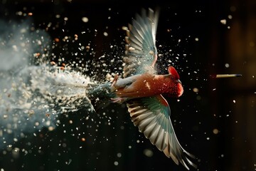 A bullet strikes a clay pigeon, shattering it into pieces as it flies through the air A bullet shattering a clay pigeon in mid-air