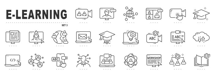 Set of e-learning related line icons. Education, online, seminar, conference etc. Editable stroke. Set 3