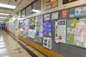 A hallway bulletin board in a school is covered in colorful student artwork A bulletin board filled with student artwork and achievements