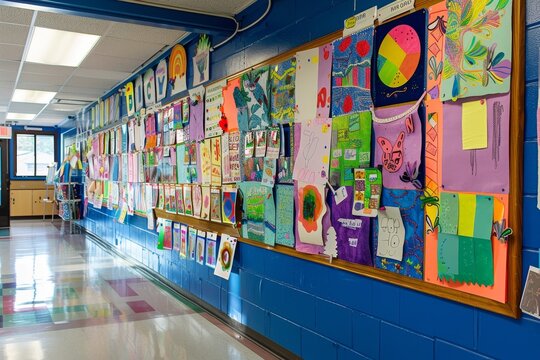 A school hallway features a bulletin board covered with bright, colorful student artwork A bulletin board filled with student artwork and achievements