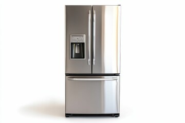 Stainless steel refrigerator with water dispenser.