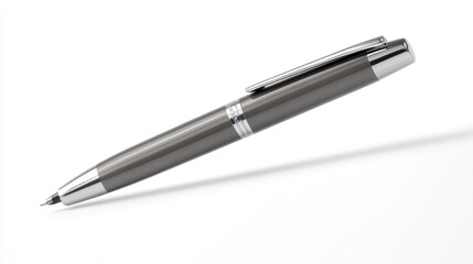 Sleek gray metal pen with chrome accents on a white background