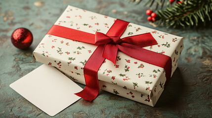 Festively wrapped white gift box with red ribbon and holiday patterns, featuring a blank card for personalization, set against a cozy backdrop of seasonal decorations.