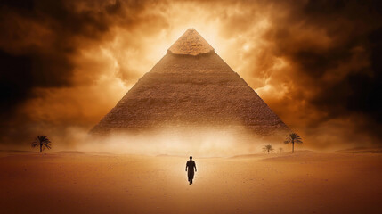 The Journey to the Apex: A lone figure walks towards a majestic pyramid, shrouded in an otherworldly glow. The desert landscape stretches out before them.