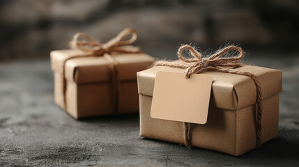 Charming brown gift box tied with twine, featuring a blank card for personalization, set against a cozy background, perfect for holiday gifting.