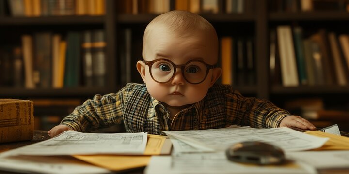 A baby wearing glasses and plaid shirt looking intently at papers on a desk in a library. - Powered by Adobe