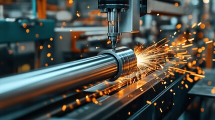 Fototapeta premium Industrial CNC machine processing a metal cylinder, emitting bright sparks, in a manufacturing environment emphasizing precision engineering and automated fabrication.