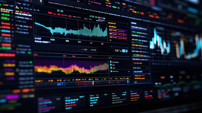 Wykresy giełdowe, wykresy danych na monitorze komputera, tło generative ai 