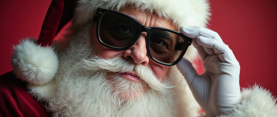 Santa Claus looking stylish with sunglasses and white gloves set against a vibrant red background, conveying a festive and modern Christmas vibe.

