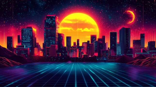 Futuristic Neon Cityscape at Sunset with Grid, Mountains, and Cosmic Elements for Vibrant Digital Art and Design Projects