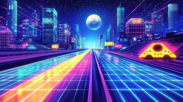 Futuristic Neon Cityscape at Night with Vibrant Colors and Grid Pattern Road Leading to a Large Moon Overhead in a Retro Aesthetic