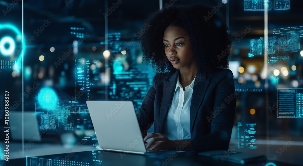 Poster A professional businesswoman effectively uses advanced technology for indepth data analysis and insightful reports, demonstrating her expertise in analytics and digital strategies in business