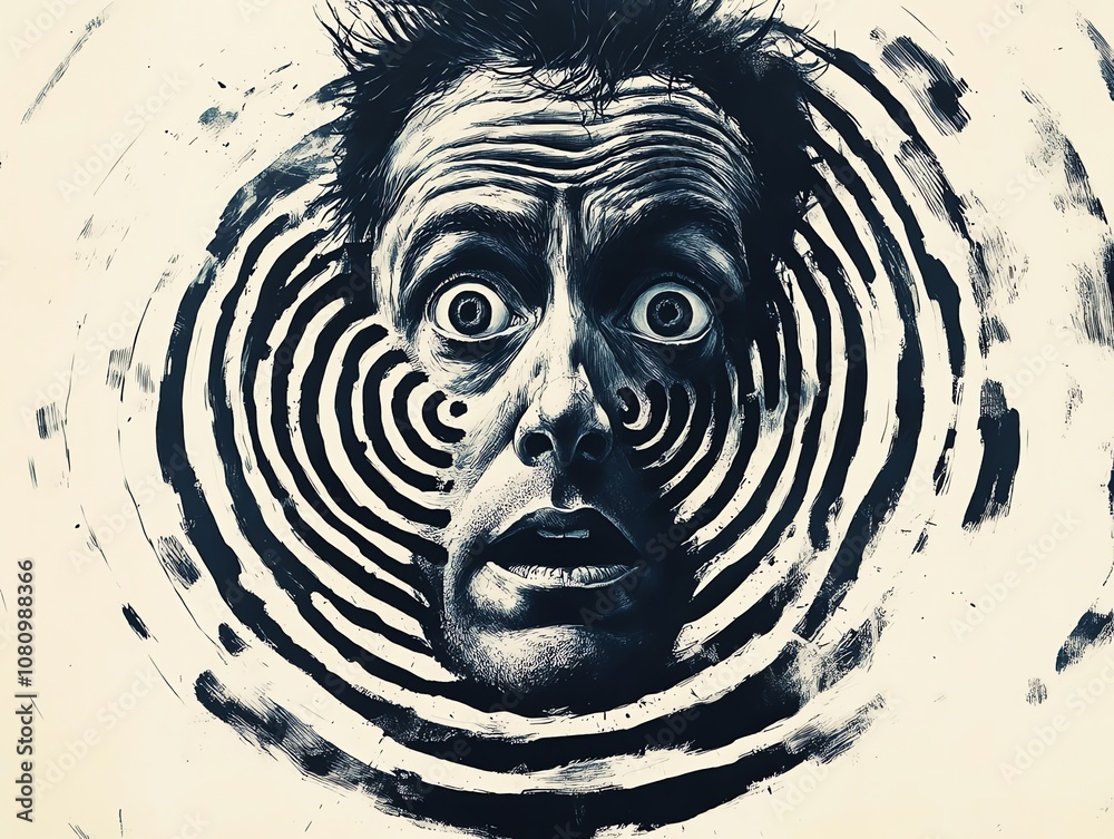 Poster A black and white illustration of a man's face with a shocked expression, surrounded by concentric circles. The face appears to be falling into the center of the circles.