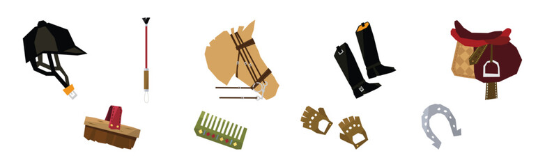 Equestrian Sport Equipment and Horse Riding Gear Vector Set