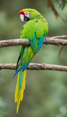 Green parrot Great-Green Macaw, Ara ambigua. Wild rare bird in the nature habitat, sitting on the branch in Costa Rica.