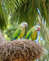 Monk parakeet, Myiopsitta monachus, grey green parrot in nature habitat, palm tree nest. Monk parrot, hot summer day in La Herradura, Andalusia in Spain. Bird nesting behaviour 