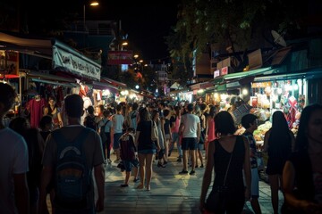 Obraz premium A bustling night market in Southeast Asia with vibrant food stalls selling fresh produce and other goods A bustling night market filled with food stalls and lively chatter