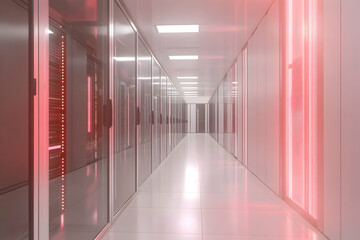 Fototapeta premium Data Center Corridor with Networked Servers and Cloud Visualizations