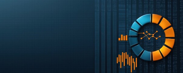 keyword for marketing in trends. Abstract data visualization background featuring orange and blue circular elements with graphs and binary code, perfect for technology and finance themes