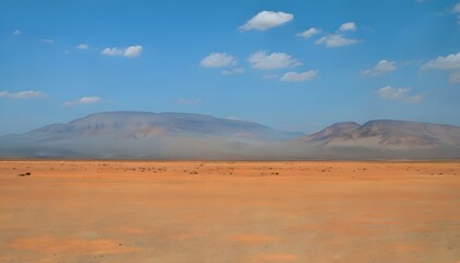 Fototapeta premium The Sprawling Desert Plains of Mauritania with Sparse Vegetation Leading to Distant Mountains
