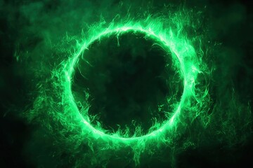 Abstract bright round element isolated on dark backfround with fire, smoke and lightnings, green burning plasma