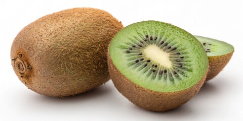 Fototapeta premium A fresh whole kiwi lies next to its sliced counterpart displaying the vibrant green speckled with tiny black seeds and the brown fuzzy exterior.