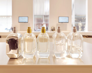 buying perfume, toilet water at cosmetics section in store. choosing cosmetics, perfumes, creams