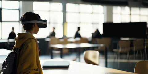 Young student using a virtual reality headset in a bright modern classroom, showcasing futuristic learning and the integration of immersive technology in education