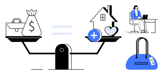 Money bag and briefcase balanced against house, heart, and medical symbol on scale. Remote worker sitting at desk, blue handbag. Ideal for work-life balance, career, finance, health home remote