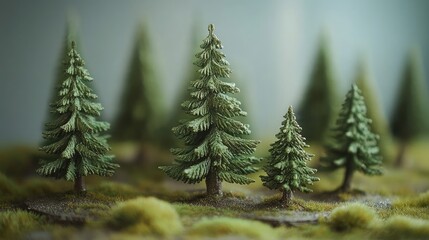 Obraz premium Detailed Miniature Forest Scene with Varied Pine Trees Displaying Natural Green Shades and Textures in a Calm, Tranquil Environment Ideal for Relaxation or Nature Projects