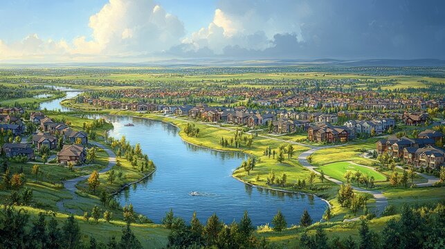 Stunning Aerial View of a Modern Residential Community by a River