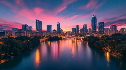 Fototapeta premium Austin, Texas at sunset, with the city skyline reflected in the water