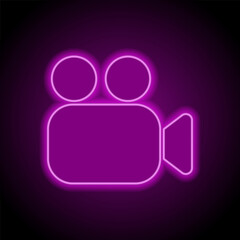 Video camera simple icon. Flat design. Purple neon on black background