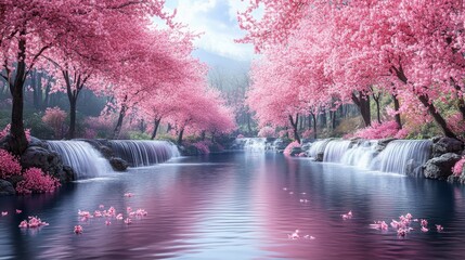 Serene Spring Waterfall with Pink Cherry Blossoms