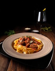 Fototapeta premium Pappardelle Al Cinghiale Wild Boar Ragu Pasta with Rich Tomato Sauce, Captured in Dramatic Low Lighting for a Rustic, Authentic Italian Dining Experience