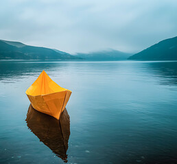 Graphic representation of the fragility of an immigrant boat. Empty yellow paper boat on the coast