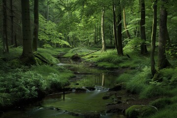A tranquil forest stream flows through a verdant canopy of trees A calming forest stream winding its way through a verdant landscape