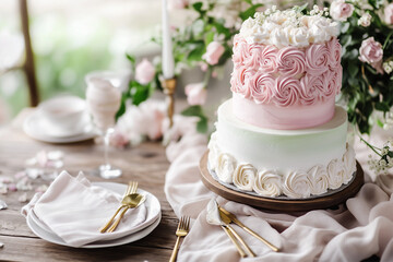 Fototapeta premium A three-tier wedding cake with detailed floral icing decor and greenery.