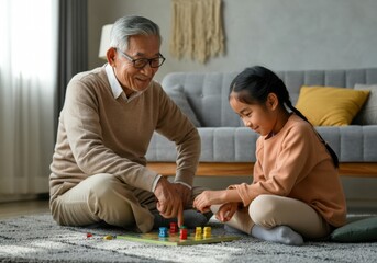 Grandfather and granddaughter enjoying quality time together, playing board game in living room