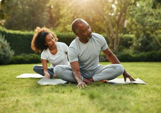 Father and daughter practicing yoga together on grass in garden