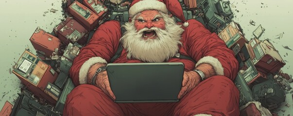 Naklejka premium A digitally illustrated Santa Claus furiously typing on a laptop, surrounded by scattered gifts, reflecting a modern and humorous twist on holiday preparations.
