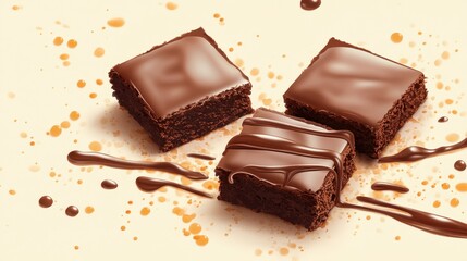 Three delectable chocolate squares drizzled with rich chocolate sauce, showcasing a tempting treat perfect for dessert lovers.